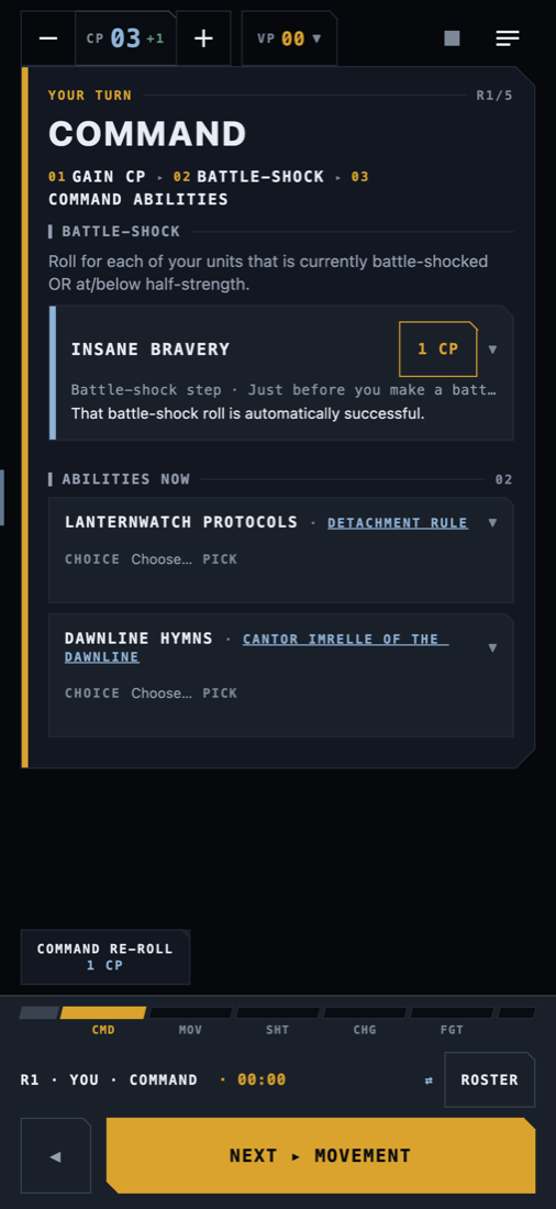 Command phase with auto-gained command points and the stratagems available now